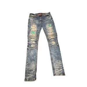 Switch Remarkable Men's Slim Taper Fit Biker Distressed Blue Denim Jeans 36x32